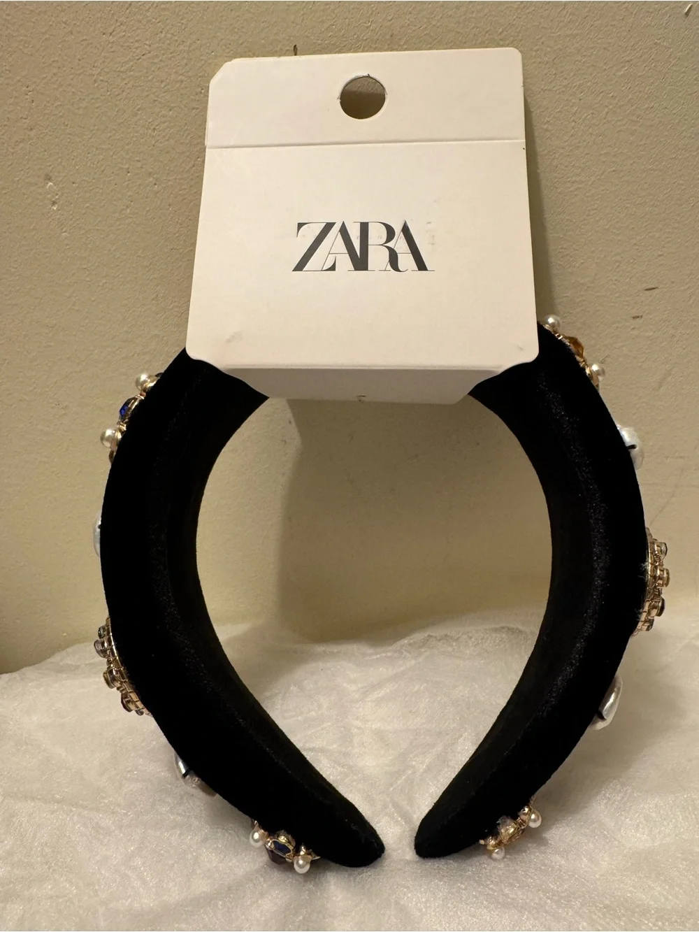 NWT Vintage Zara black velvet headband with pearl and gemstone embellishments